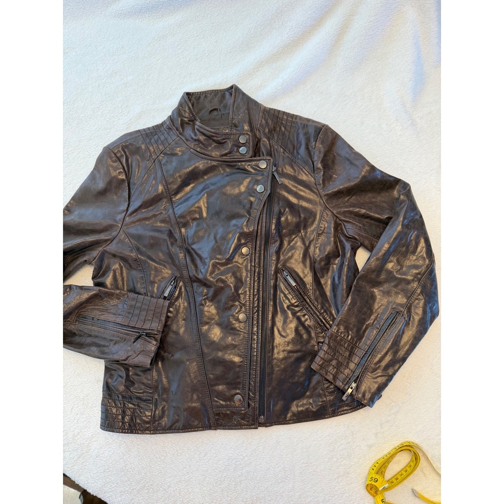 Laundry by Shelli Segal Brown Leather Moto Jacket Womens Large Biker Zip Coat‎